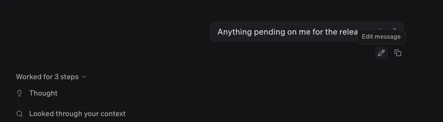 A sent chat message with the Edit message button highlighted below it, next to the copy button