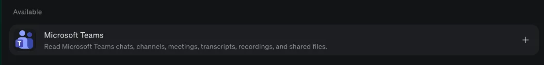 The Microsoft Teams integration in Littlebird, ready to connect, which reads Teams chats, channels, meetings, transcripts, recordings, and shared files