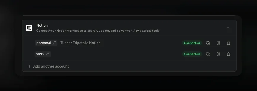 Notion integration settings with connected personal and work accounts and an option to add another account