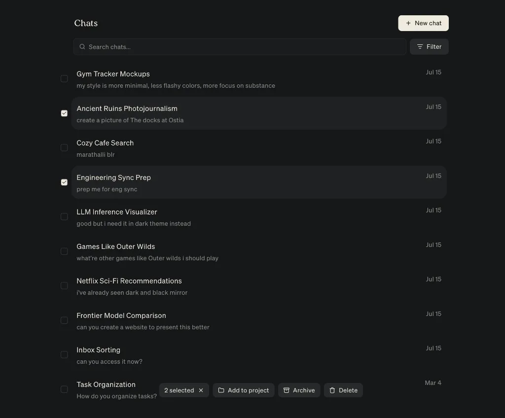 The Chats view with search and filter at the top, two chats selected, and the action bar offering Add to project, Archive, and Delete