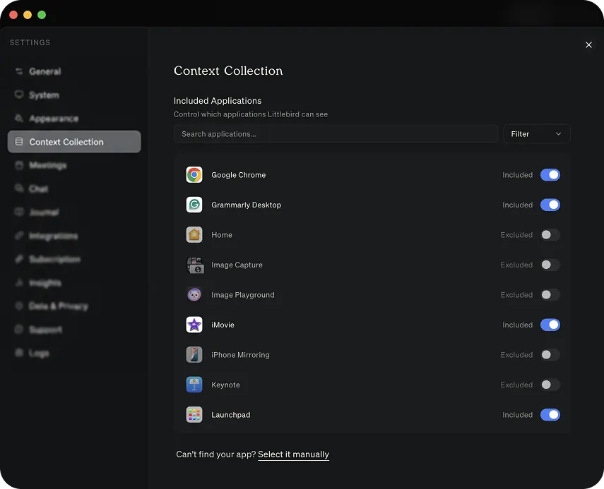 Application exclusion settings in Littlebird
