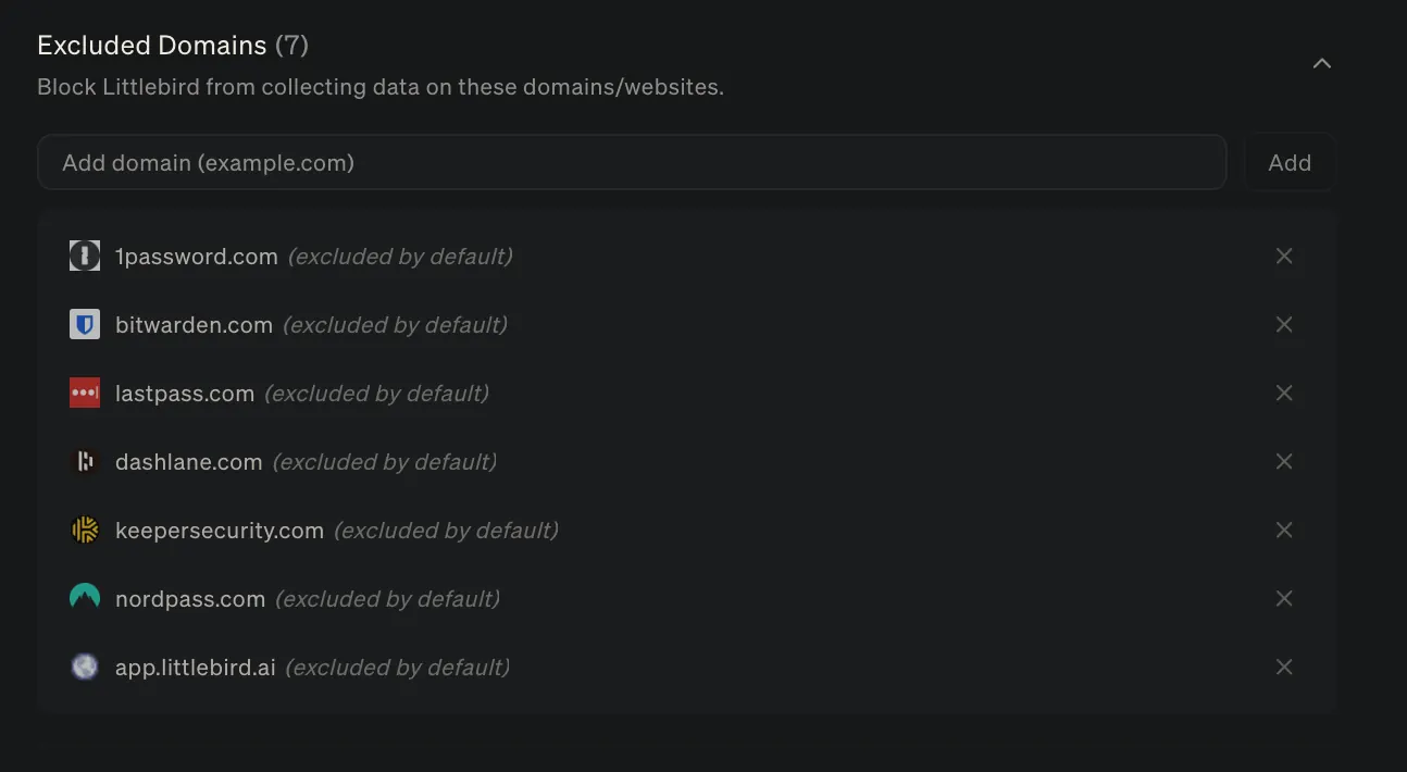 Website domain exclusions in Littlebird