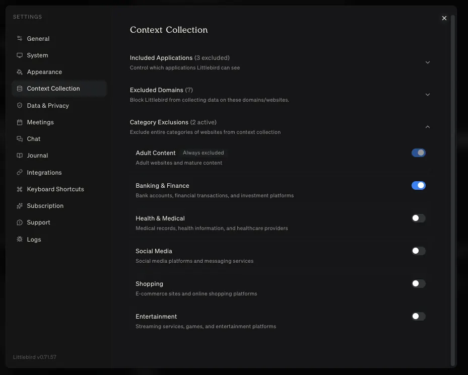 Content category exclusions in Littlebird