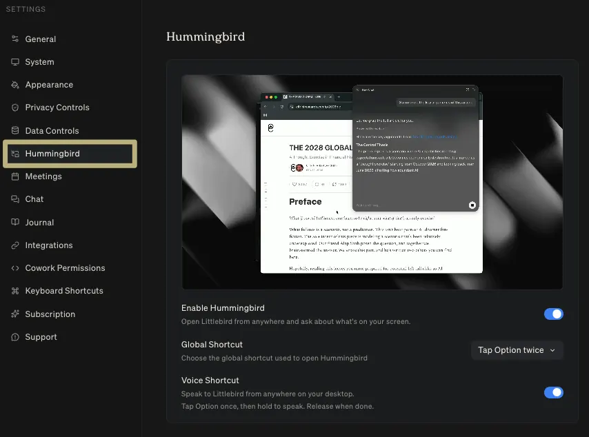 Hummingbird settings in Littlebird