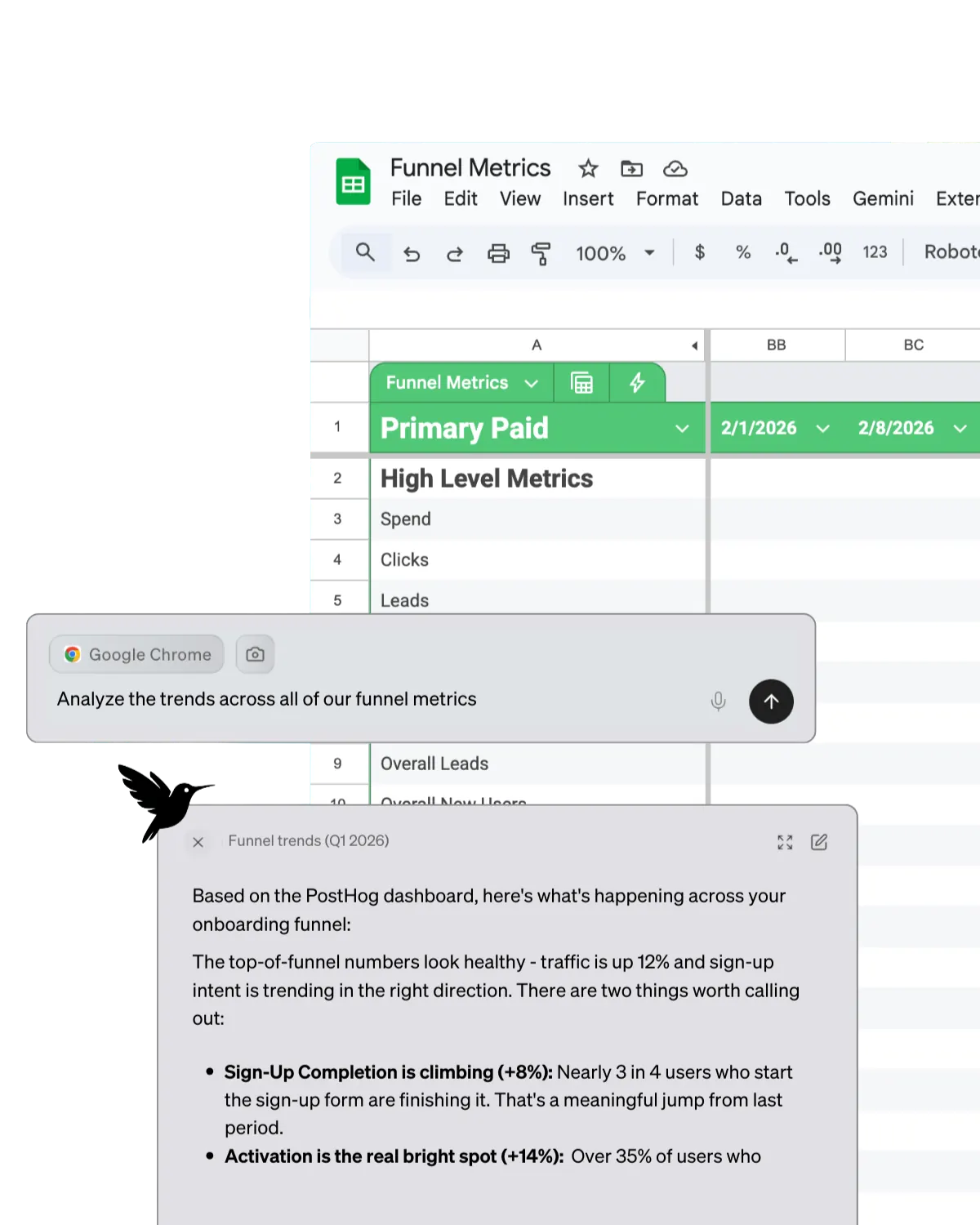 Hummingbird explaining a spreadsheet or dashboard