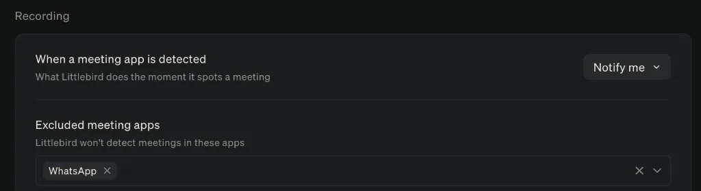 Excluded meeting apps in the Recording settings, with WhatsApp added to the list