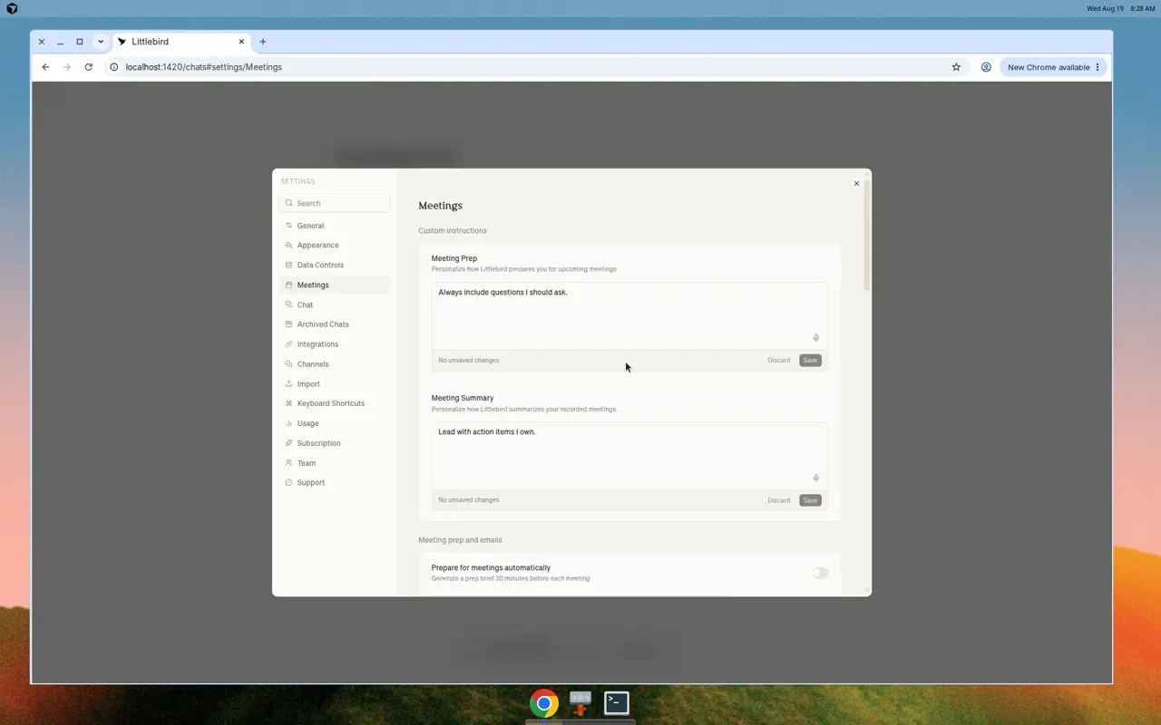 Meetings settings with Meeting Prep and Meeting Summary custom instructions