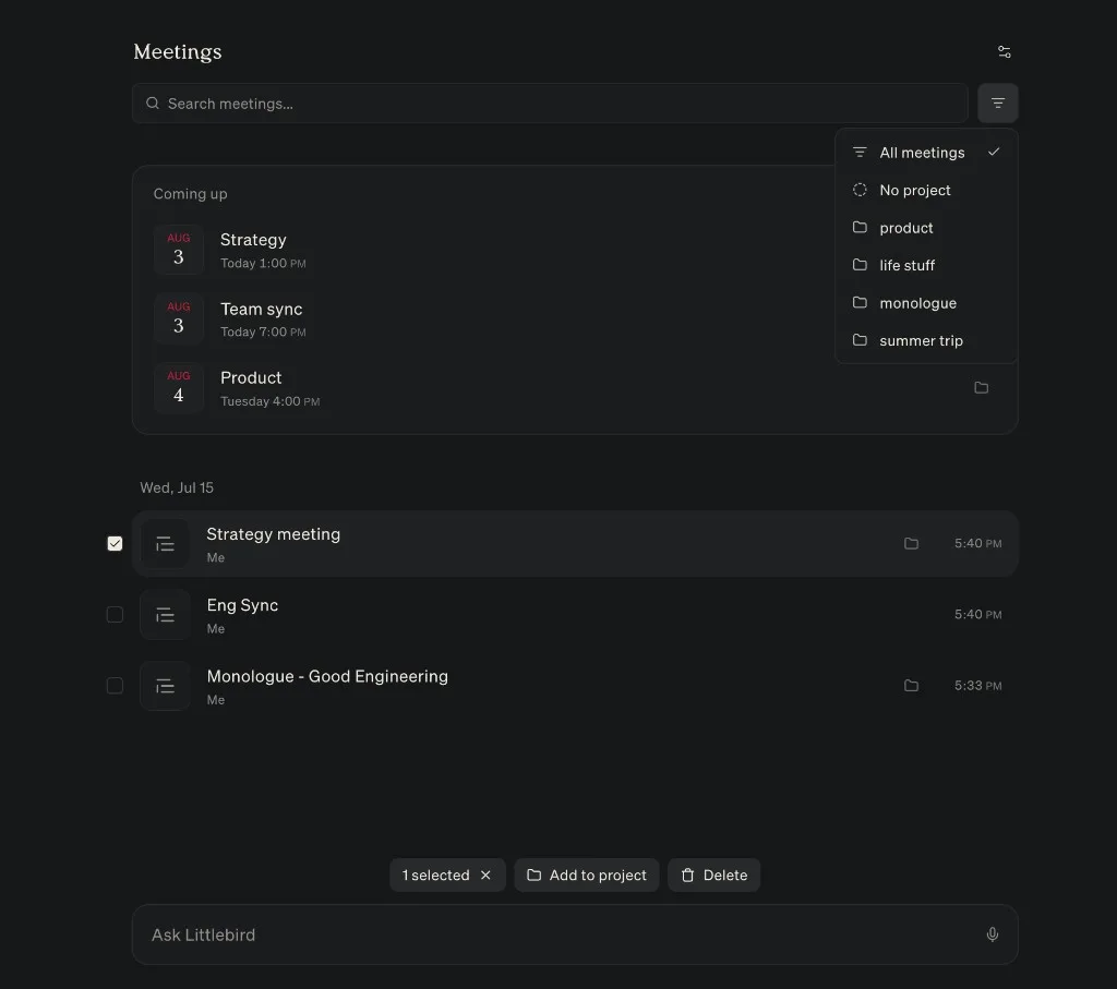 The Meetings list with the project filter open, and a meeting selected for adding to a project