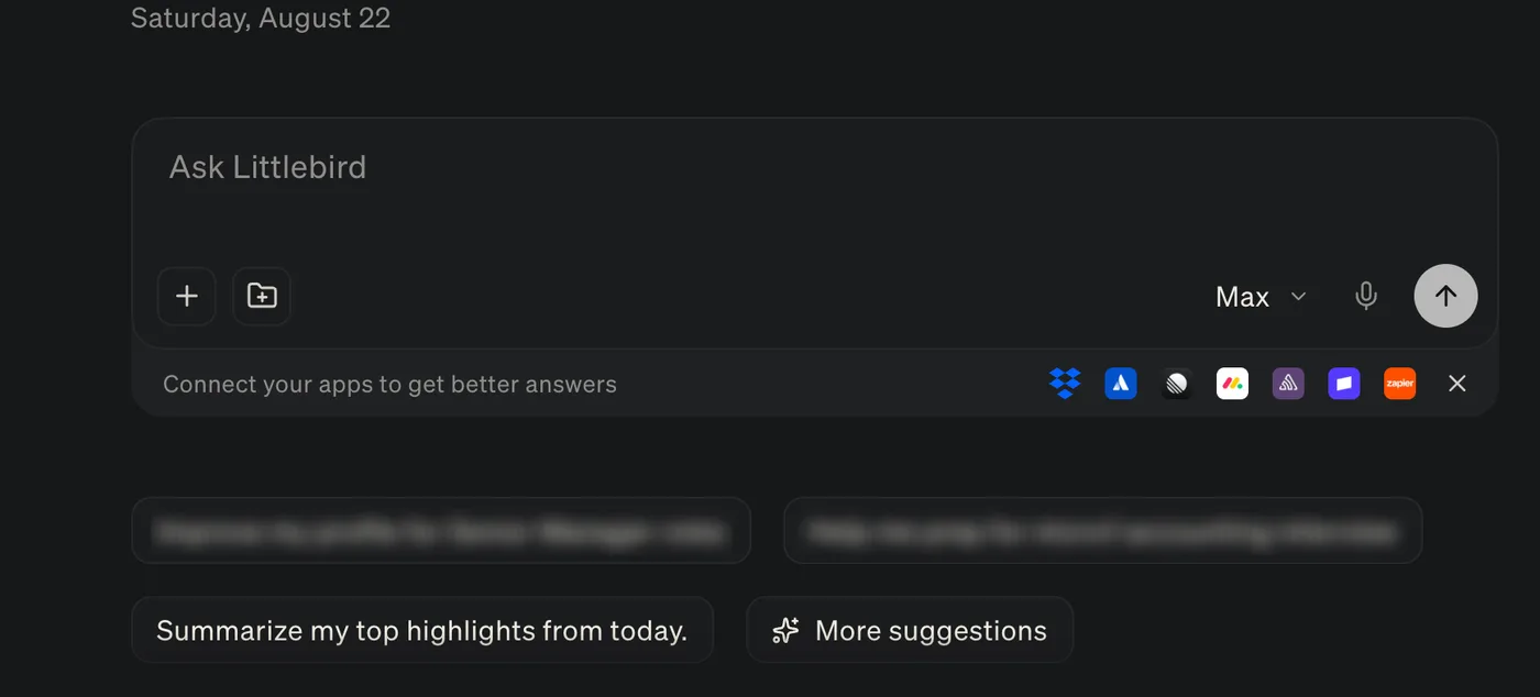 The prompt box in a new Chat, with the More suggestions chip beside the other suggestions