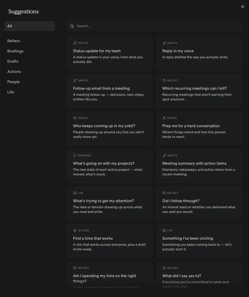 The Suggestions window, with categories down the left, a search box, and prompt cards labelled by category
