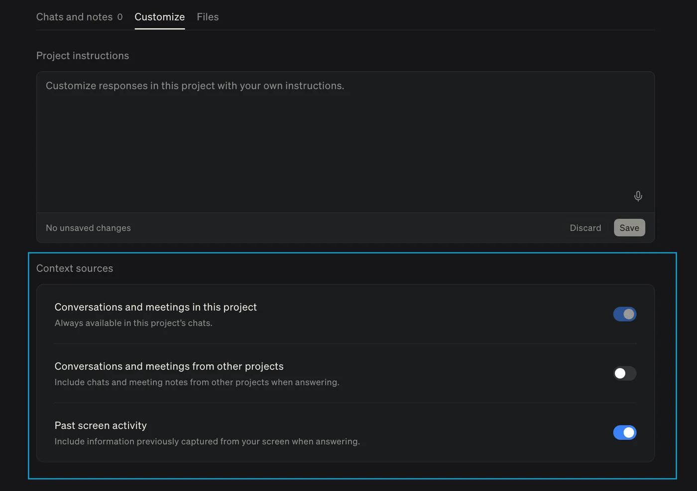 Context sources on a project’s Customize tab, with toggles for this project, other projects, and past screen activity