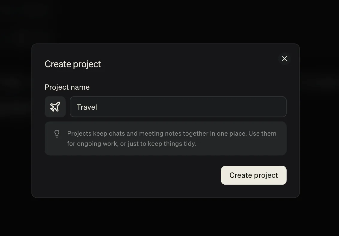 The Create project dialog, with a project name and custom icon