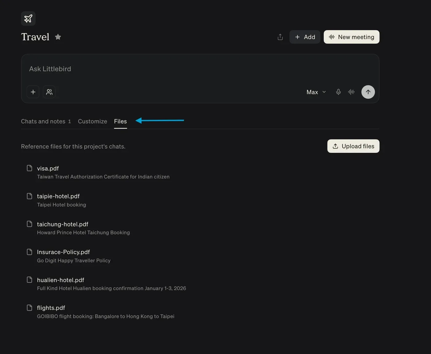 The Files tab in a project, with uploaded reference documents