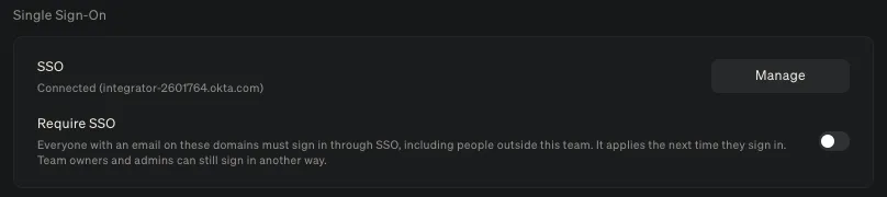 The Single Sign-On section in Settings, Team, showing SSO connected and the Require SSO switch