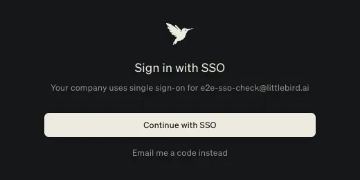 The Sign in with SSO screen with the Continue with SSO button and the Email me a code instead link