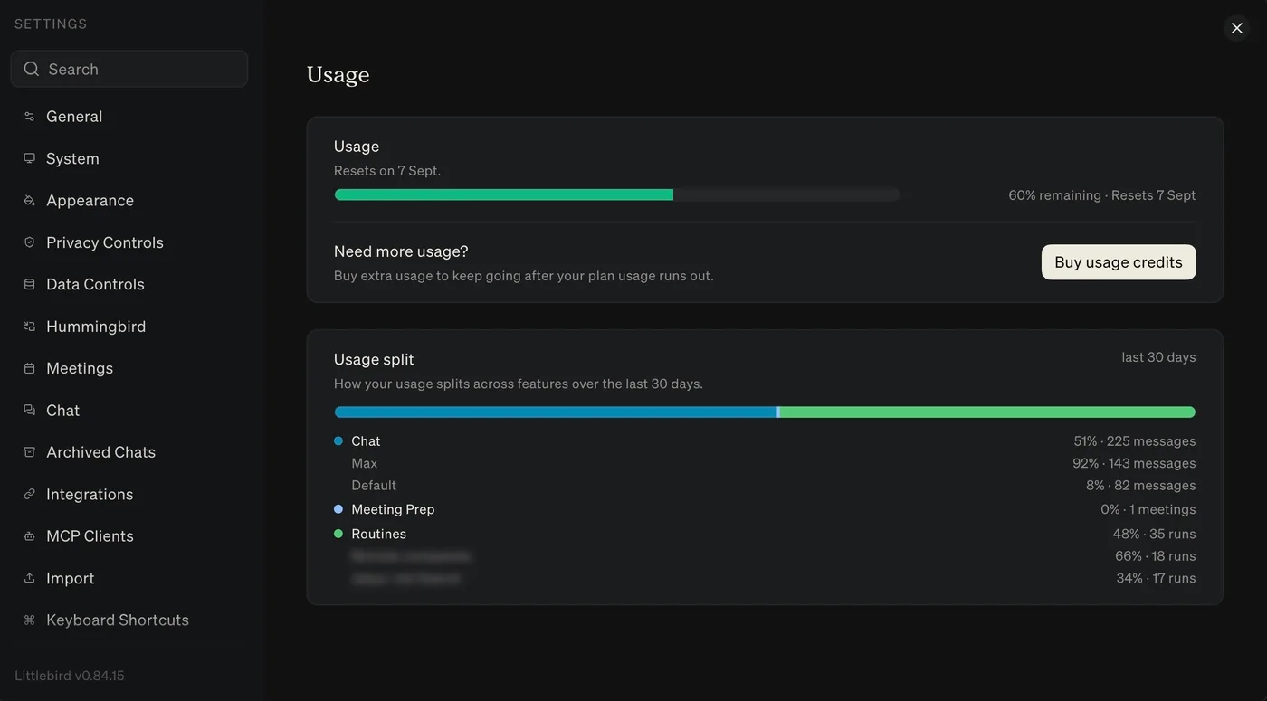 The Usage settings pane, with remaining usage and its reset date, Buy usage credits, and the usage split across Chat, Meeting Prep, and Routines